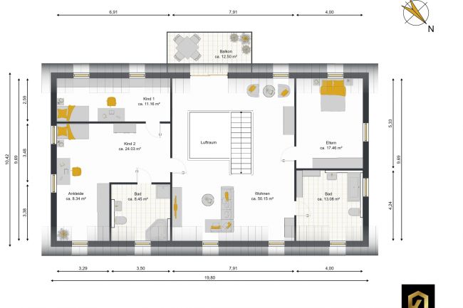 Grundriss Dachgeschoss mit Möblierungsbeispiel